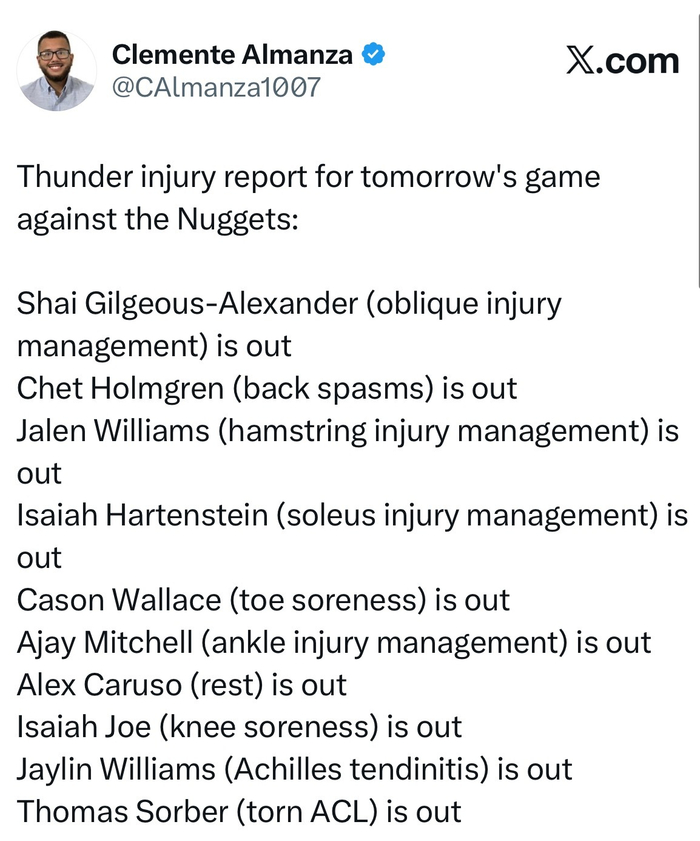 雷霆全员轮休迎战掘金 战术调整引热议